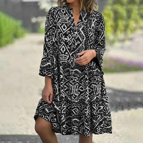 Women Floral Print Maxi Dress Fashion Casual V Neck Long Dress Plus Size Summer Boho Dress Ruffle Three Quarter Sleeves Dresses - Lootquake
