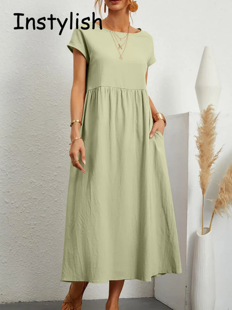 Women Elegant Solid Maxi Dress Summer Short Sleeve O Neck Vintage Harajuku Cotton Linen Loose Sundress Y2K Pockets Long Dress - Lootquake