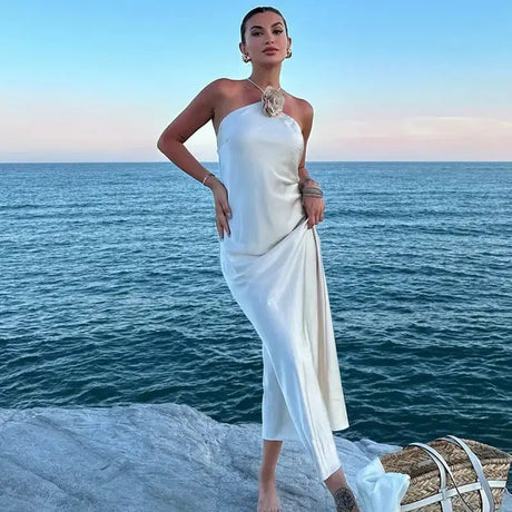 TRAF Flower Satin Long Dress Women Off Shoulder Halter Backless Dress Woman Summer Elegant Party Dresses Sexy Evening Dresses - Lootquake