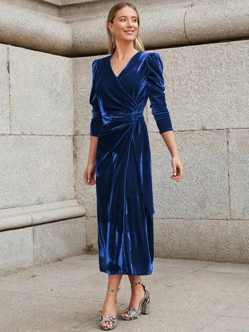 Elegant Solid Velvet Long Dress Women V-neck Wrap Long Sleeve High Waist Ruched Lace-up Birthday Dress Evening Sexy Party Vestid - Lootquake