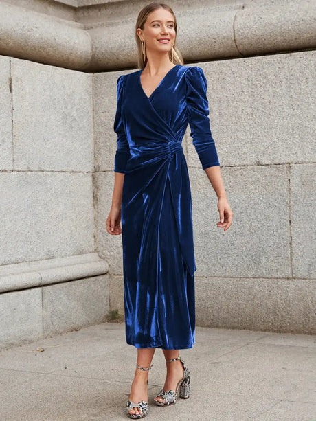 Elegant Solid Velvet Long Dress Women V-neck Wrap Long Sleeve High Waist Ruched Lace-up Birthday Dress Evening Sexy Party Vestid - Lootquake