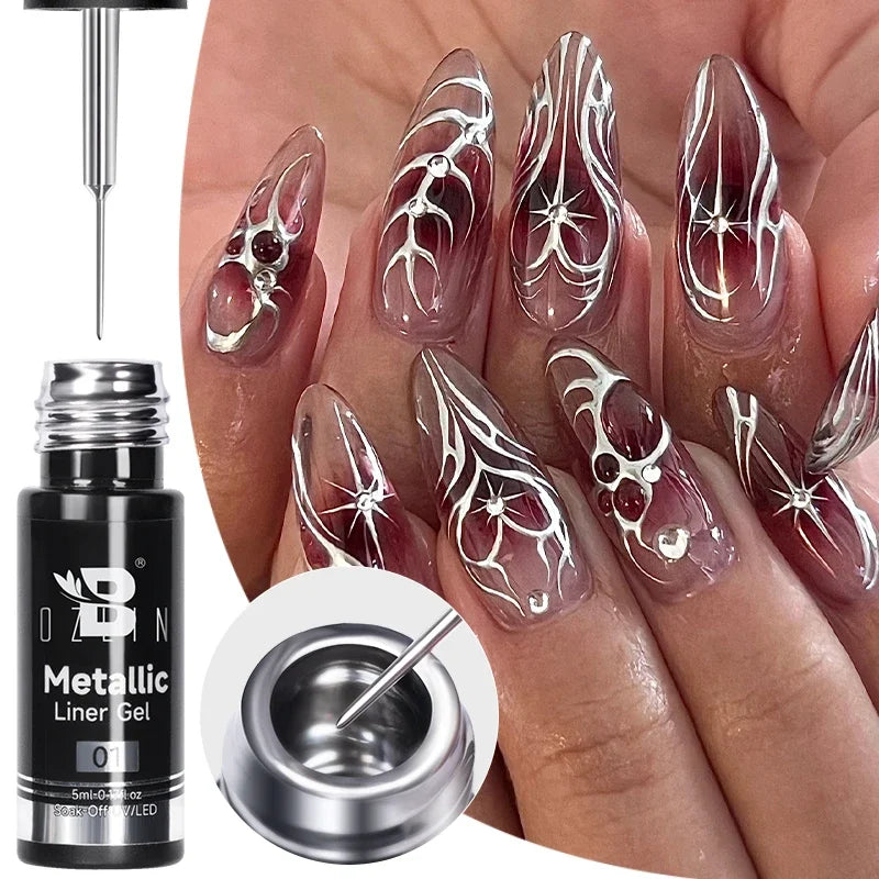 5ML Gold Silver Metallic Liner Paint Gel Polish Chrome Mirror Metal Effect Super Bright French UV LED Semi Permanent Nail Gel