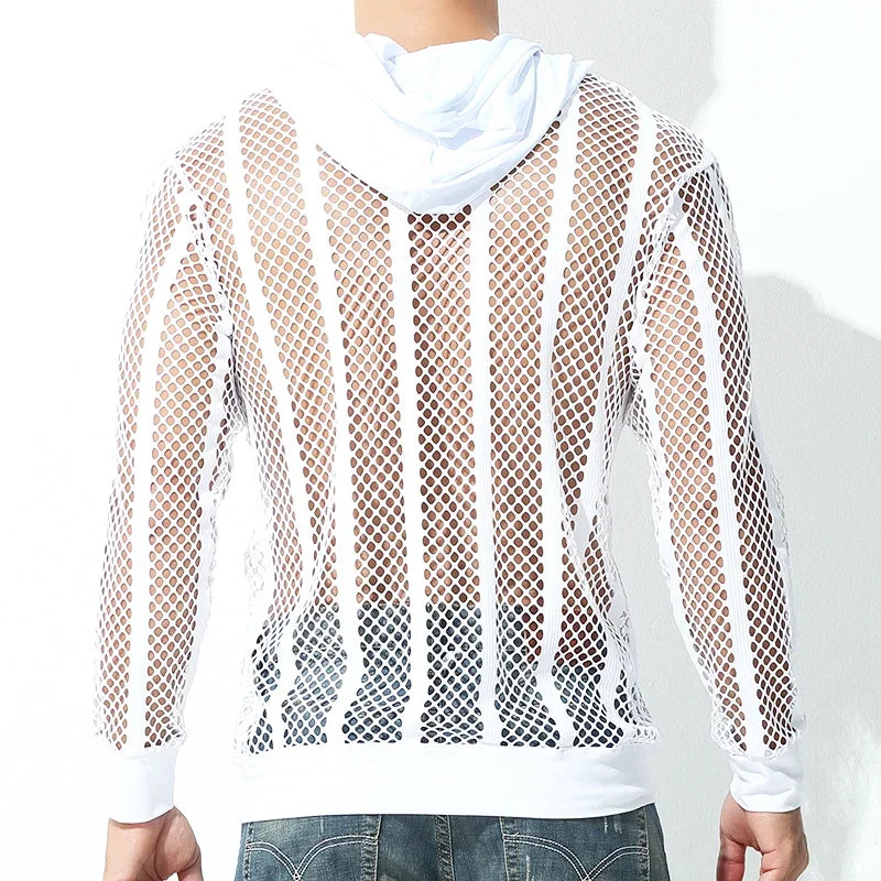 Men Mesh Shirt Transparent Long Sleeve Men Clothing Sexy Solid Party Nightclub Hooded Tops - Lootquake