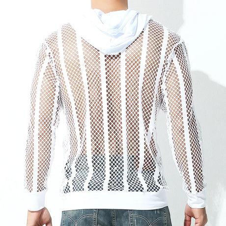 Men Mesh Shirt Transparent Long Sleeve Men Clothing Sexy Solid Party Nightclub Hooded Tops - Lootquake