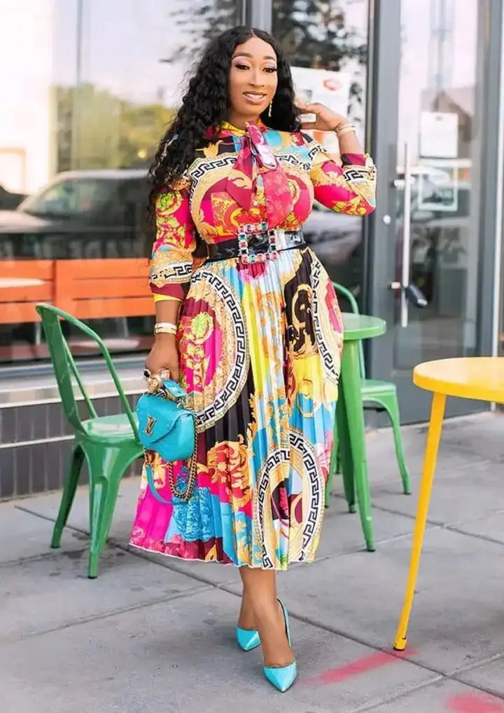 2024 Spring Summer New Cross-border Wishdress Women's Clothing Artistic Printing Plenty Folds Seven-half Sleeves Long Dress - Lootquake