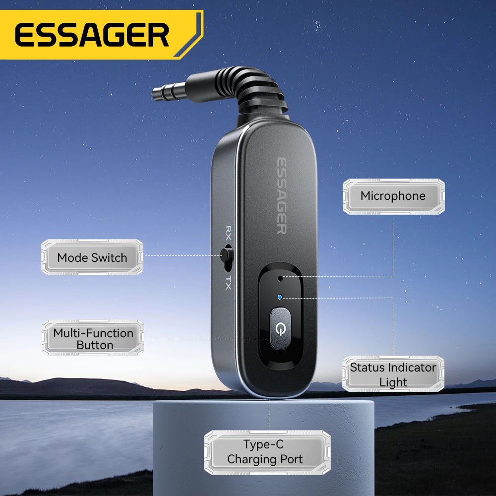Receptor y transmisor de audio Essager Bluetooth 5.1 de 3,5 mm con entrada auxiliar de 3,5 mm y micrófono, adaptador inalámbrico para música estéreo, PC, TV y altavoces de coche.