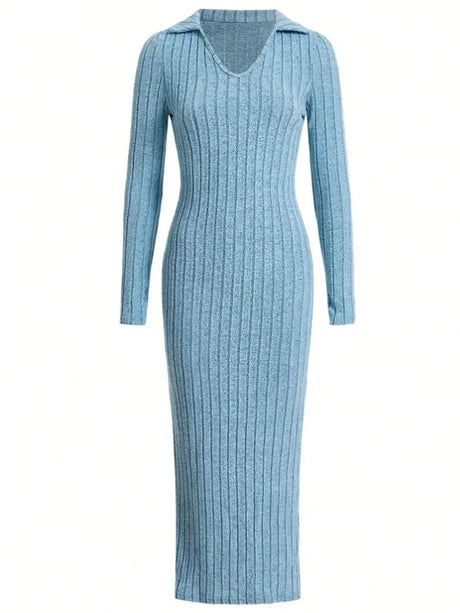 2024 Spring/Summer Knitted Dress Slim Fit Fashion Casual Women's Lapel Long sleeved Dress Concave Stripe Solid Color Long Dress - Lootquake