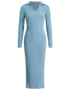 2024 Spring/Summer Knitted Dress Slim Fit Fashion Casual Women's Lapel Long sleeved Dress Concave Stripe Solid Color Long Dress - Lootquake