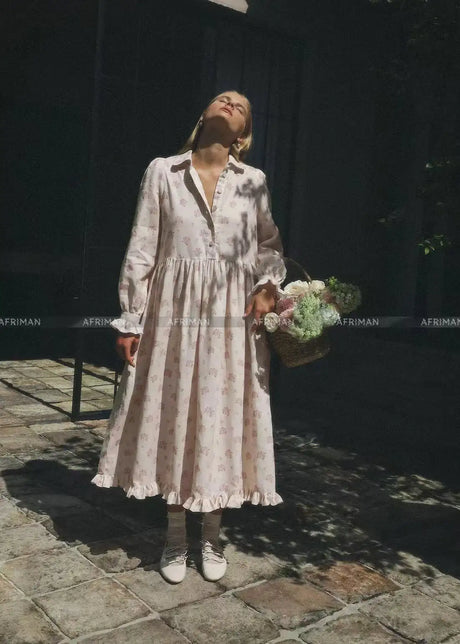 2025 New 100% Linen Flower Print Long Sleeve Tie Up Waist Loose Long Dress - Lootquake