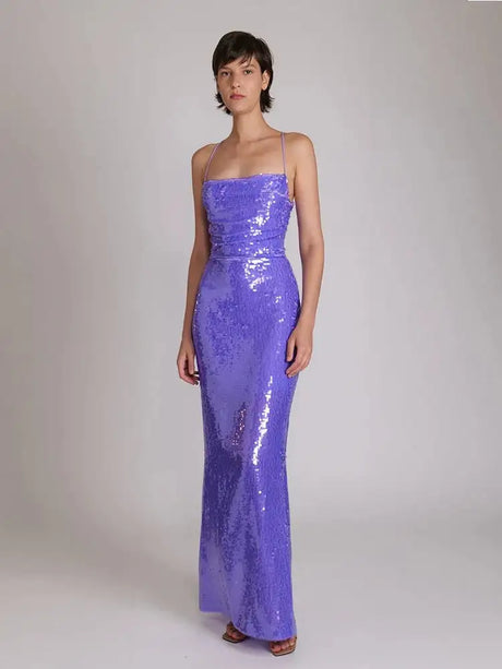 New Sexy Sleeveless Backless Lace-up Slim Long Dress Summer Elegant Pleated Backless Bright Sequins Dress Luxury Evening Dresses - Lootquake