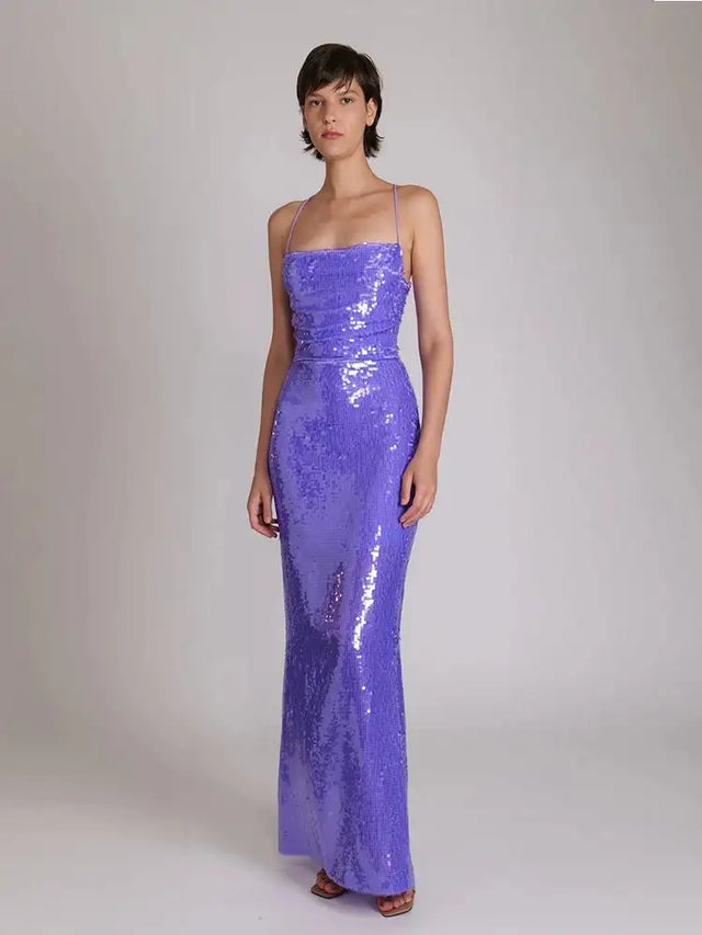 New Sexy Sleeveless Backless Lace-up Slim Long Dress Summer Elegant Pleated Backless Bright Sequins Dress Luxury Evening Dresses - Lootquake