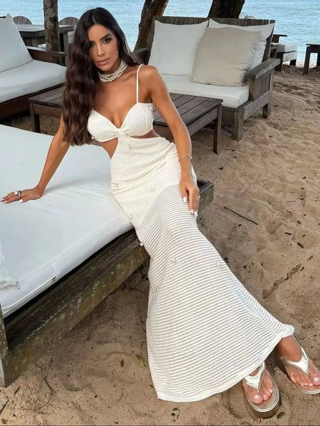 Mesh Long Dress Women Summer Cutout Party Dresses Cover Up Elegant Slim Split Maxi Vestidos Holiday Beach Robe - Lootquake