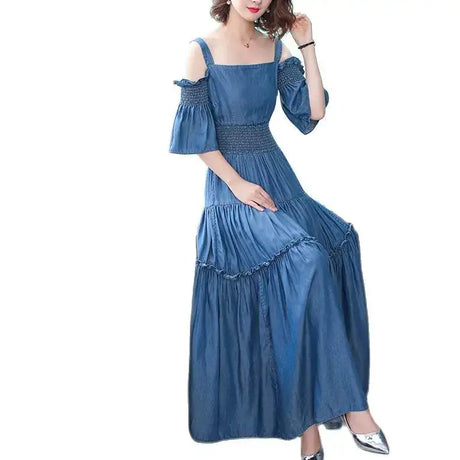 Denim 2023 summer new women's dress sling one word collar silk cowboy long dress - Lootquake