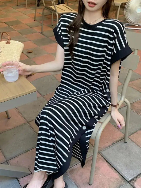 2024 New Casual Korean Striped O-neck Short Sleeve Long Dress Ladies Simplicity Patchwork Loose Tshirt Dress Women Clothing - Lootquake