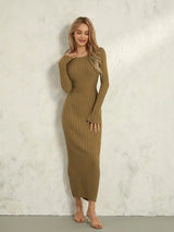 Women Spring Autumn Lace-up Knit Dress Elegant Long Sleeve Crew Neck Ribbed Solid Color Long Dress Streetwear - Lootquake