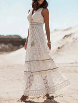 Vestido largo bohemio de verano para mujer, con encaje, cuello en V, mangas acampanadas, sexy, para fiesta, playa, boda