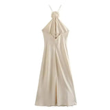 TRAF Flower Satin Long Dress Women Off Shoulder Halter Backless Dress Woman Summer Elegant Party Dresses Sexy Evening Dresses - Lootquake