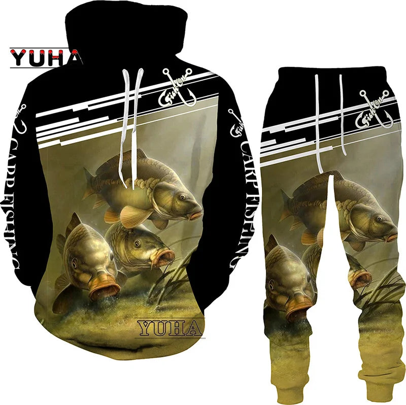 New 3D Fishing Art Print Casual Couple Hoodies Outfits Hip Hop Streetwear Hooded Sweatshirt+Sweat Pants Men's Tracksuit Set - Lootquake