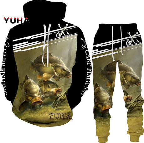 New 3D Fishing Art Print Casual Couple Hoodies Outfits Hip Hop Streetwear Hooded Sweatshirt+Sweat Pants Men's Tracksuit Set - Lootquake