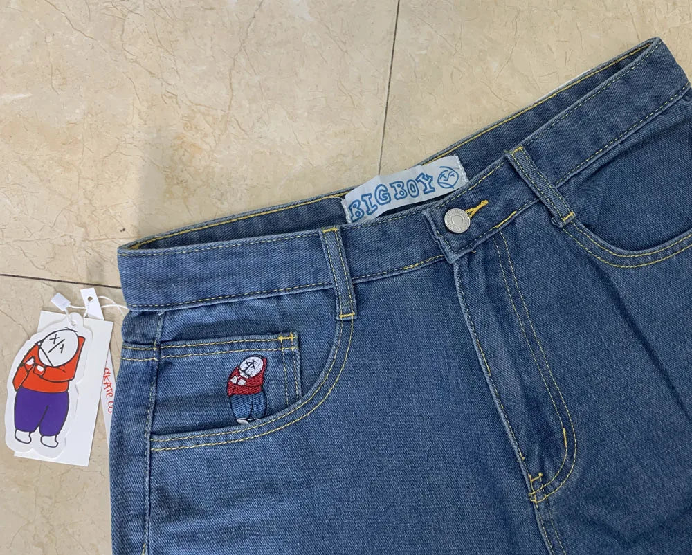 Polar Big Boy Embroidery Jeans Y2K Pants Streetwear Gothic Cartoon Blue Baggy Jeans Retro Punk Rock High Waist Denim Trousers - Lootquake