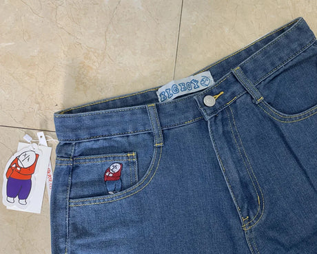 Polar Big Boy Embroidery Jeans Y2K Pants Streetwear Gothic Cartoon Blue Baggy Jeans Retro Punk Rock High Waist Denim Trousers - Lootquake