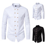 New Long Sleeve Formal Mens Shirt Double Breast Slim Fit Solid Color Mens Wedding Prom Social Tuxedo Dress - Lootquake