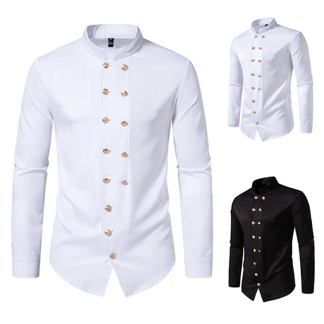 New Long Sleeve Formal Mens Shirt Double Breast Slim Fit Solid Color Mens Wedding Prom Social Tuxedo Dress - Lootquake