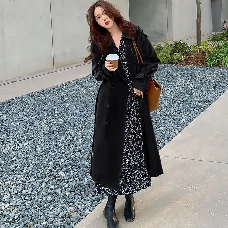 Gabardina holgada de estilo urbano, largo midi, moda coreana, elegante, color caqui y negro, cortavientos informal para mujer, tops cruzados