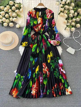 Spring Holiday Print Long Dress For Women Fashion Loose Lantern Sleeve Party Robe Female Big Swing Tassels Belt Pleated Clothes