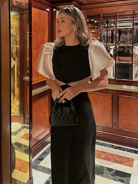 Elegant Puff Sleeve Long Dress For Women 2025 Sexy Hollow Out Waist Evening Party Dresses Female Vacation Lady Chic Beach Robe - Lootquake