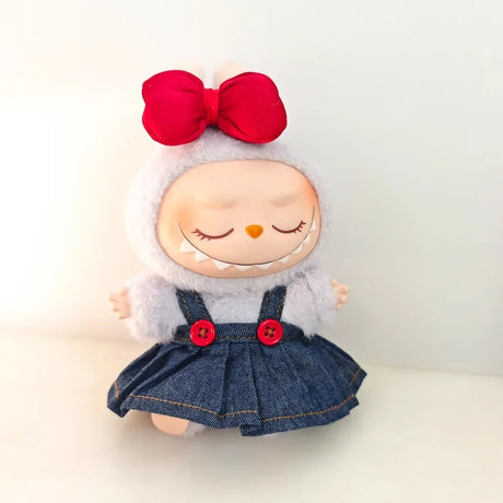 Labubu Doll Clothes & Accessories Denim Skirt With Red Bow Headband Set Trendy Outfits for Labubu Collectibles - Lootquake