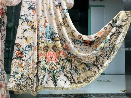 Women V Neck Lace Embroidery Patchwork Silk Floral Print Lantern Sleeve A-line Maxi Long Dress - Lootquake
