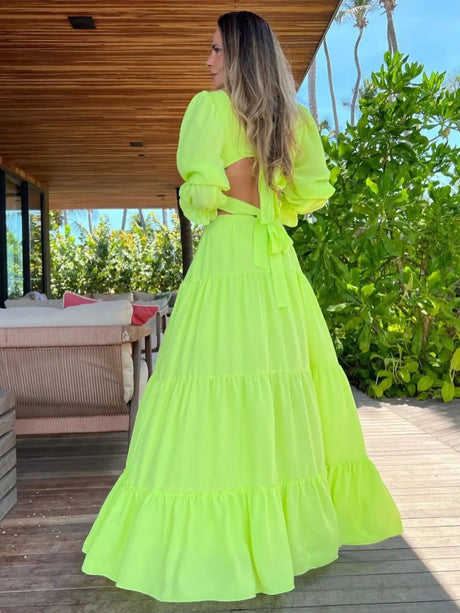 2024 Fashion New Women's Sexy Vacation Dress Solid Long Dress Cut Out Exposed Waist High Slit Suspender Long Skirt - Lootquake