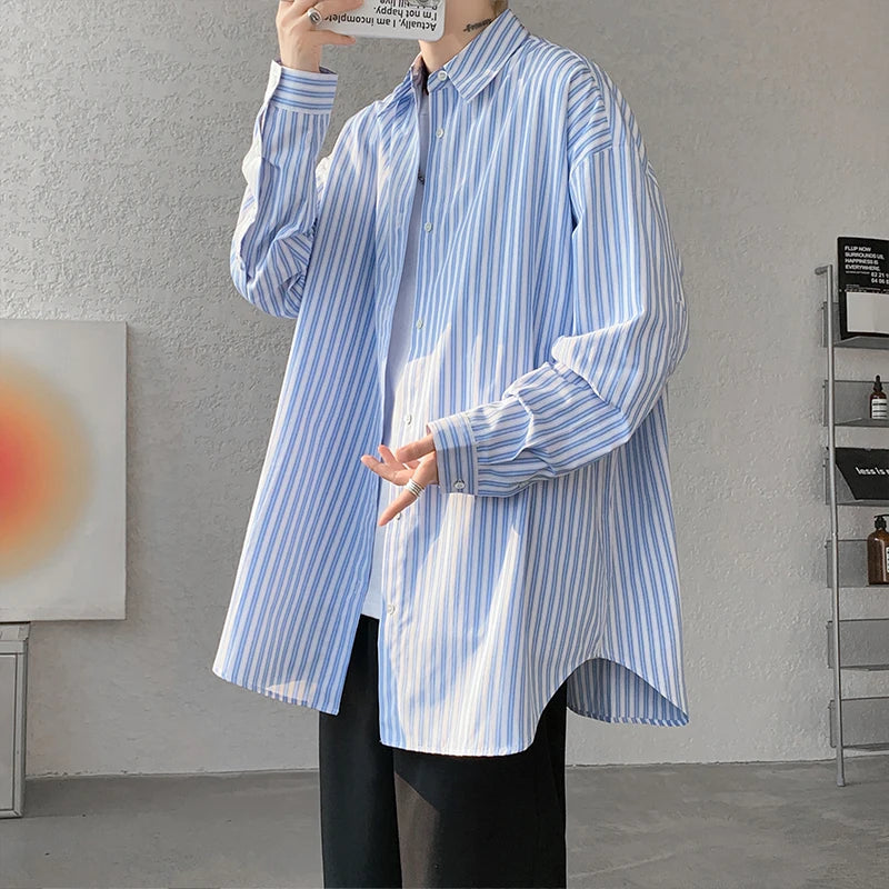 Camisa de rayas azules para hombre, camisa de vestir de la Sociedad de la Moda para hombre, camisa coreana holgada de manga larga, camisas casuales para hombre, talla grande 5XL