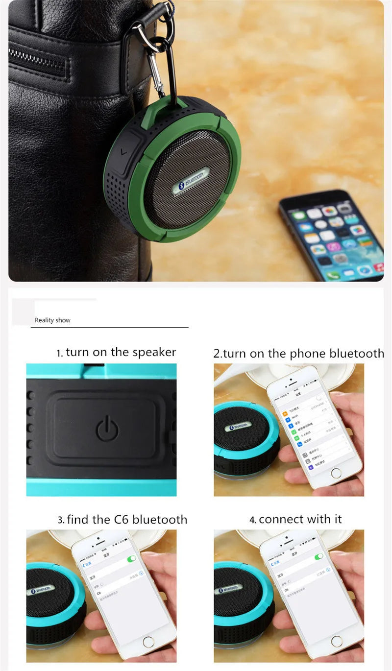 Altavoz Bluetooth inalámbrico impermeable con ventosa para deportes al aire libre, mini subwoofer para ducha, coche, teléfono inteligente, micrófono TF C6