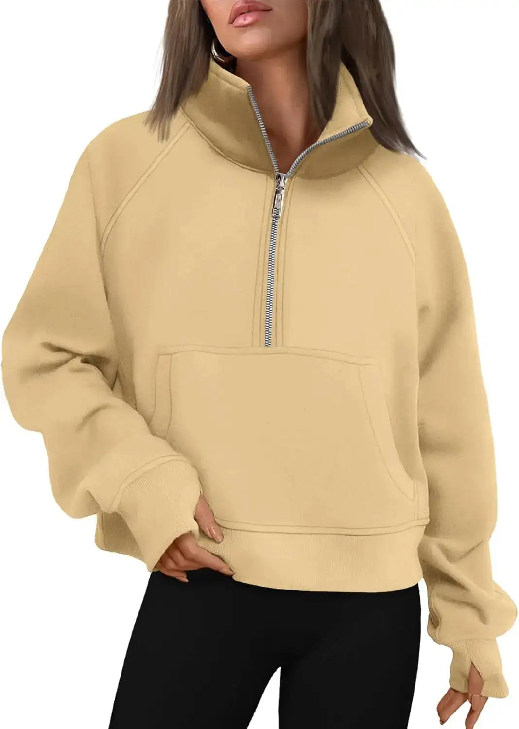 Womens Sweatshirts Half Zip Cropped Pullover Fleece Quarter Zipper Hoodies Fall outfits Clothes Thumb Hole - Lootquake