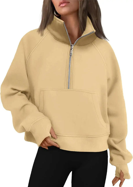 Womens Sweatshirts Half Zip Cropped Pullover Fleece Quarter Zipper Hoodies Fall outfits Clothes Thumb Hole - Lootquake