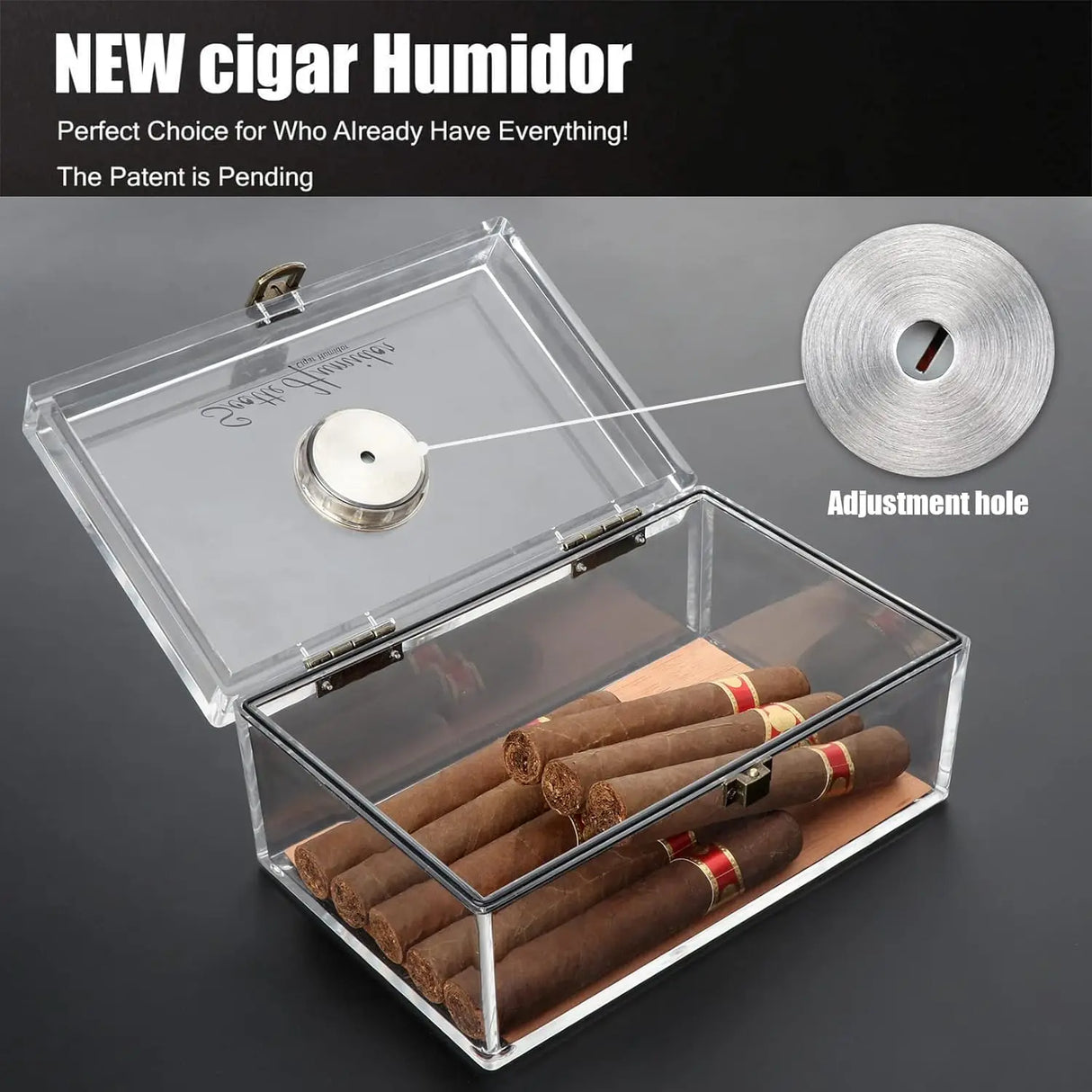 Boîte à cigares Scotte en acrylique avec hygromètre et humidificateur pour 20 cigares. Comprend un coupe-cigare et des accessoires pour perforer les cigares.