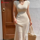 Summer High Quality Korean Simple Hollow Out Vest Knit Sweater Dress Women Japanese Gentle V-Neck Slim Elastic Knit Long Dress - Lootquake
