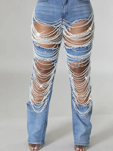 Women Plus Size Pearls Jeans Casual Vintage Cutout High Waist Y2K Streetwear Pearls Denim Jeans Pockets Slim Denim Trousers - Lootquake
