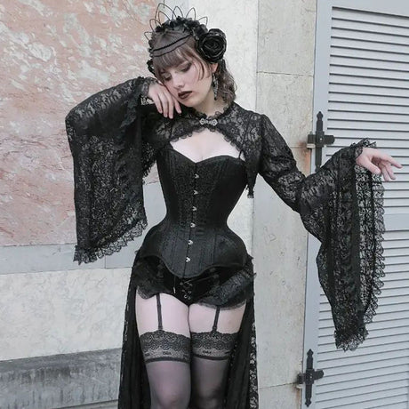 Lace Shrugs Sheer Crop Tops Long Bell Sleeves Cardigan Women Dark Gothic Wedding Punk Sexy Crochet Bolero Cover Up Shirt - Lootquake