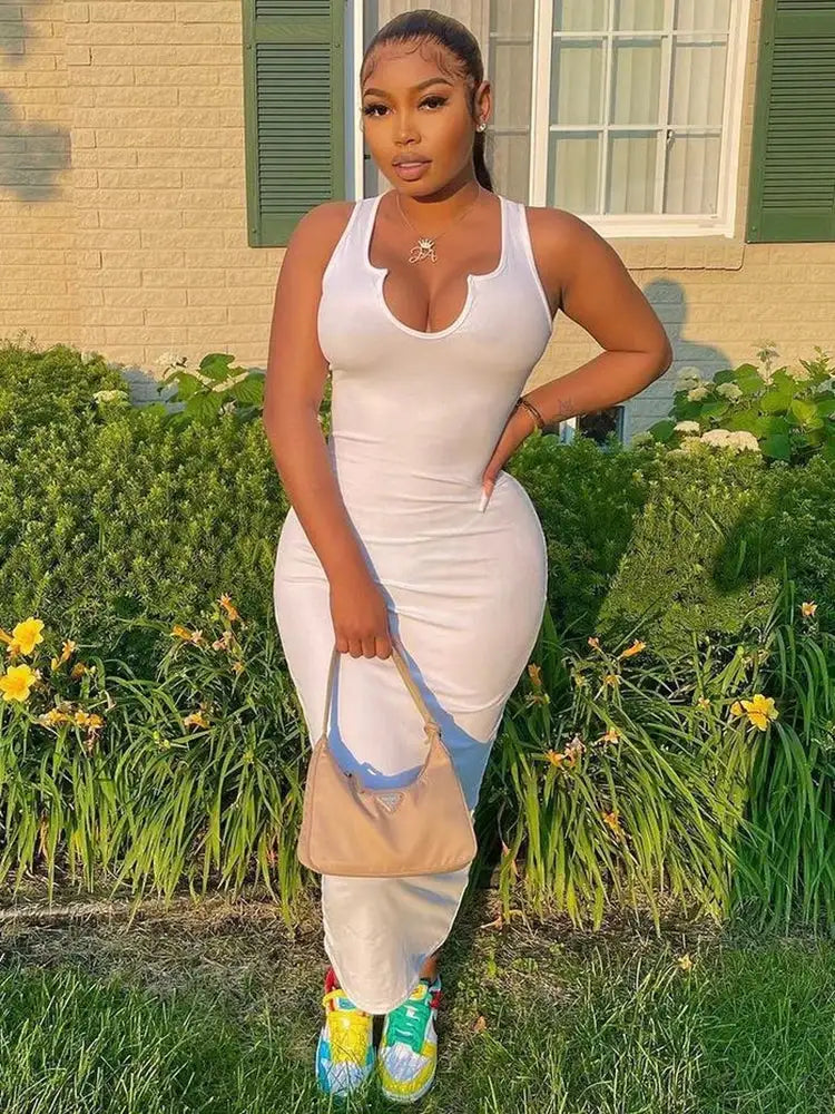 Sifreyr Ribbed V Neck Tank Long Dress Women Solid Sleeveless Bodycon Maxi Dress Sexy Streetwear Party Club Outfits Slim Sundress - Lootquake