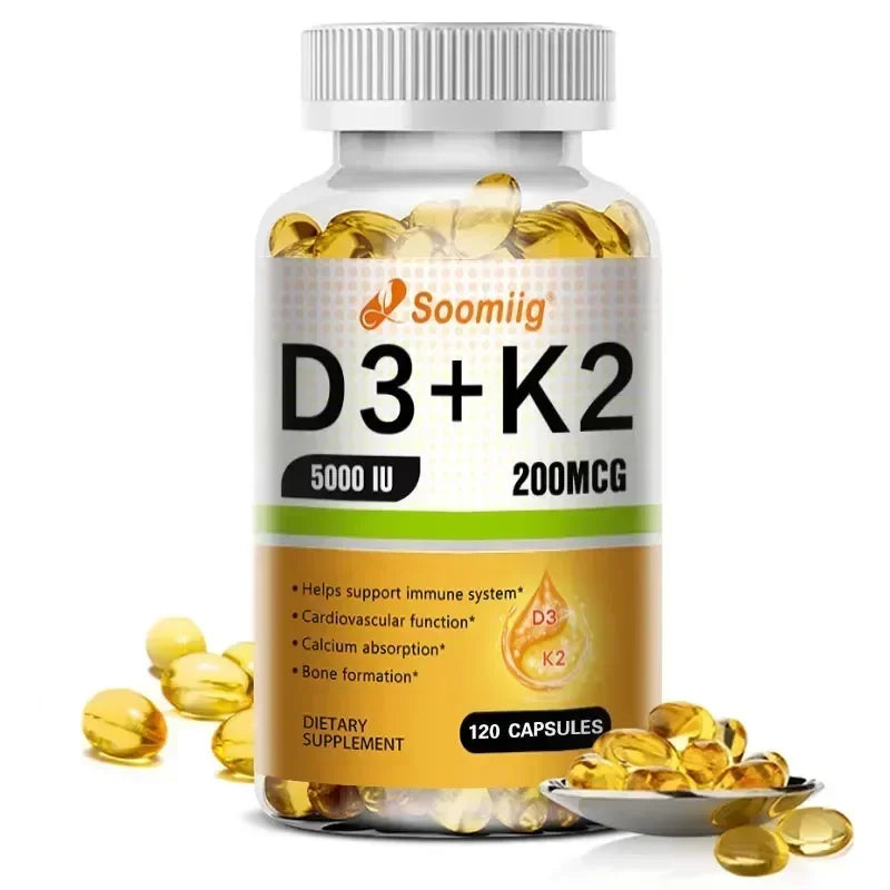 Cápsulas de vitamina D3 (5000 UI) y 200 mcg de vitamina K2 (MK-7) para la absorción de calcio, la regeneración ósea y el refuerzo inmunitario. Fáciles de disolver.