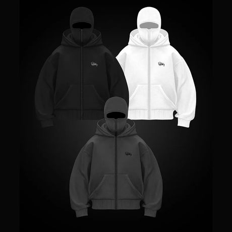 Y2k Vintage Double Hat Design Zipper Hoodie Winter Harajuku Hip Hop Long Sleeve Hooded Sweatshirt Coat Men Fashion Loose Jackets - Lootquake