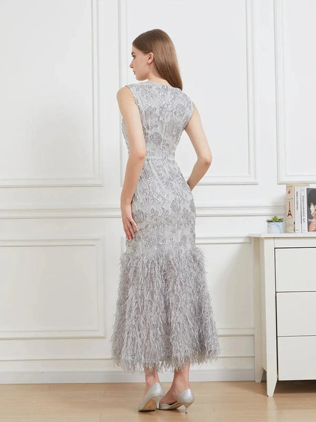 DEVCHATA New Organza Fishtail Long Dress Maxi Evening Sleeveless Bodycon Fitting Gown Feathers Women Robe Vestido - Lootquake