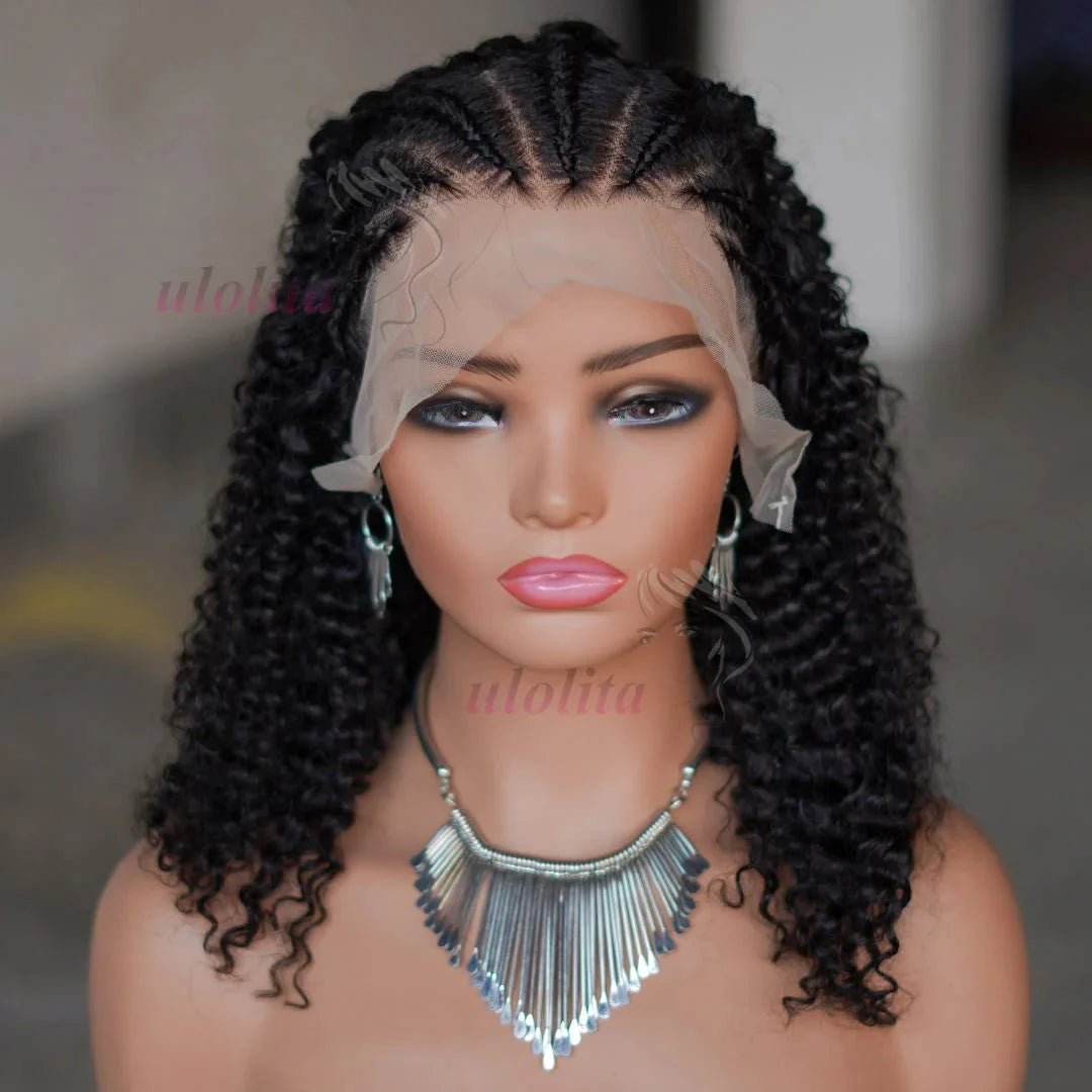 13x4 Human Hair Deep Curl Locs Wig | Knotless Braided Bob | 210 Density | Remy Mongolian Hair