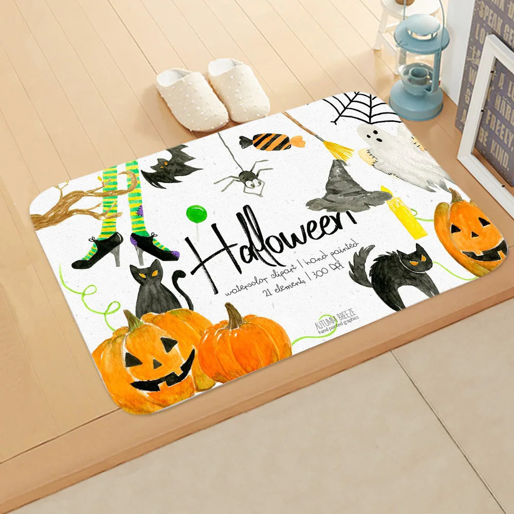 Halloween Theme  Pumpkin Witch Welcome Home Anti-Slip Door Mat Carpet  Decor Flannel Floor