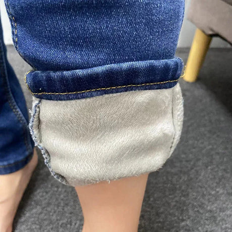 Women Thermal Jeans Winter Snow Warm Plush Stretch Jeans Lady Skinny Thicken Fleece Denim Long Pants Retro Blue Pencil Trousers - Lootquake
