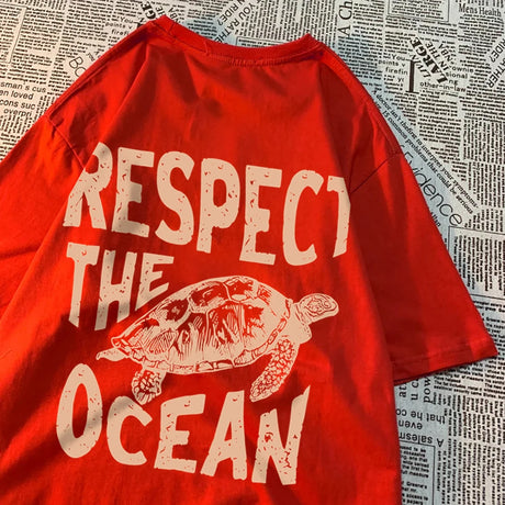 Respect The Ocean Green Turtle T Shirt Men Oversized Clothes Hip Hop Breathable Short Sleeve Harajuku Summer Cotton T-Shirt - Lootquake