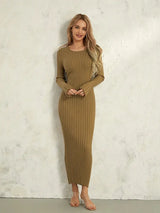 Women Spring Autumn Lace-up Knit Dress Elegant Long Sleeve Crew Neck Ribbed Solid Color Long Dress Streetwear - Lootquake